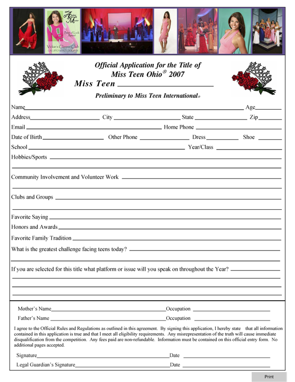 Miss Teen Ohio Printable Entry Form!